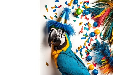 Background of blue macaw celebrating carnival party with revelry, samba, confetti and streamer. Generative AI.