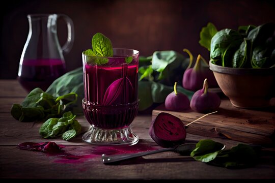 Healthy drink: beet juice on rustic wooden table