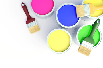 Yellow, green, and blue buckets and brushes, decorative industrial tools, home repair, painter's concept. 3d illustration. Isolated white background. Top view.
