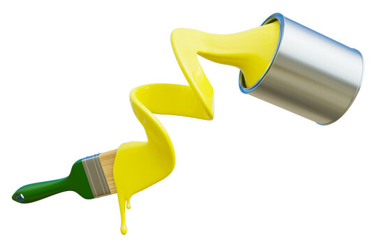 Paint brushes and paint cans diffuse yellow isolated on white background rendering 3d illustration - clipping path