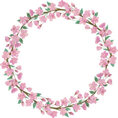 Obraz na płótnie Canvas 綺麗な桜の花と葉っぱと枝の水彩画イラストの円形のフレーム