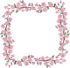 Obraz na płótnie Canvas 綺麗な桜の花と葉っぱと枝の水彩画イラストの正方形のフレーム