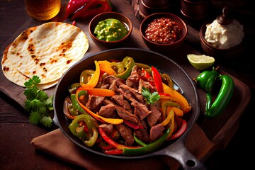Beef Fajitas with colorful bell peppers in pan and tortilla bread and sauces