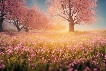 Obraz na płótnie Canvas Beautiful Flower Meadow in Spring with a Single Tree and Blue Sky, Generative AI