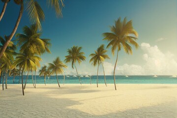 Fototapeta na wymiar Coconut palm trees at a beautiful Caribbean beach on a sunny day, travel concept. Generative AI