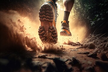 Close-up at the runner feet is running on the dirt route at the jungle, street and road. Trail running sport action and human challenge concept. Generative AI