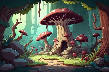 Forest of Giant Mushrooms. 2D game background. Digital illustration of scenery for an adventure game, Generative AI