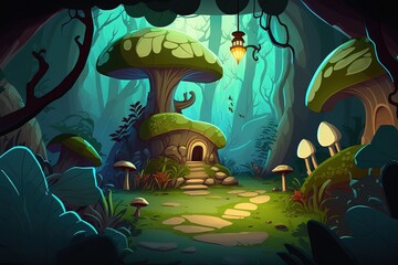 Forest of Giant Mushrooms. 2D game background. Digital illustration of scenery for an adventure game, Generative AI