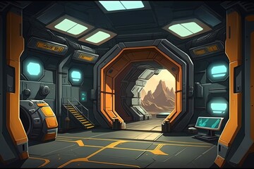 Sci-fi spaceship interior, 2D game background, game scene digital illustration, Generative AI
