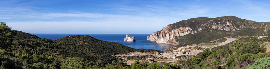 Fototapeta na wymiar Mine of Masua on the rocky sea coast of Sardinia, Italy. Sunny Day. Panorama