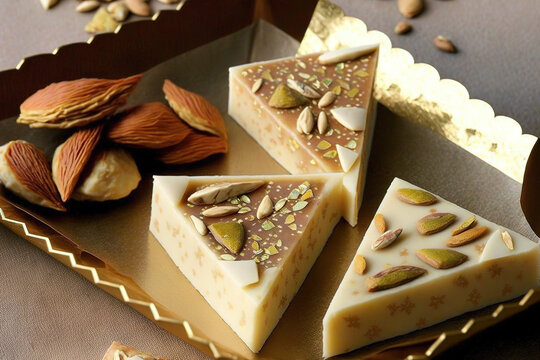 The traditional Indian dessert known as Kaju Katli is formed like a diamond and is made of cashew paste, sugar, and mava or khoya. Almond Barfee or burfi sweet. popular Indian sweets and holiday fare