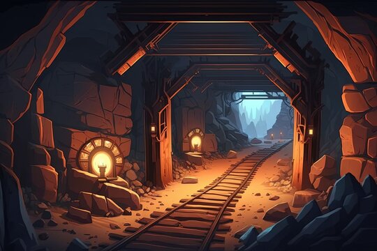 Underground mine with wooden structure and rails. 2D game background. Digital illustration of scenery for an adventure game, Generative AI