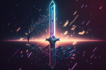 Neon light sword, abstract glowing background, digital illustration, Generative AI