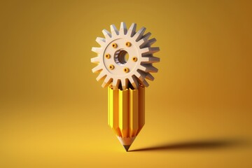 Pencil with gear, creativity concept, yellow background, digital illustration, Generative AI
