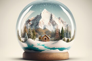 Snow globe with landscape inside, with mountains, house and pine trees, Digital illustration, Generative AI
