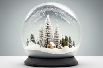 Fototapeta na wymiar Snow globe with landscape inside, with mountains, house and pine trees, Digital illustration, Generative AI 