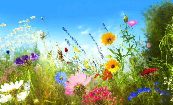 Beautiful flower field. Spring flowers natural landscape, close up. Generative AI