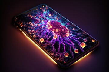 Mobile phone with neon light on screen, abstract glowing background, digital illustration