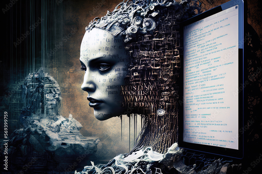 Poster abstract digital humanoid cyber face. artificial intelligence concept of big data or cyber security.