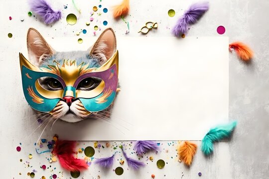 Cute cat celebrating birthday and carnival with mask, confetti and streamer. Generative AI.