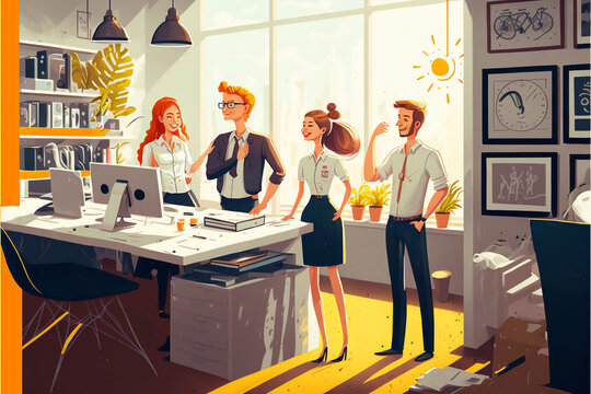 Team of four people having a meeting in a bright sunny office, created with Generated AI tools