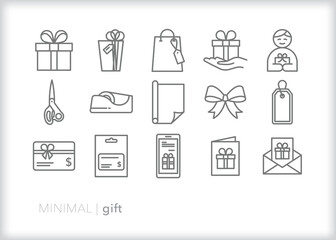 Set of gift line icons of presents, gift cards, cards and packaging to treat someone