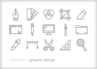 Set of graphic design line icons of tools and software for creating designs and artwork