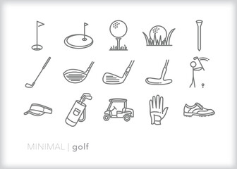 Set of golf line icons of clubs, putters, balls and greens for a day on the course