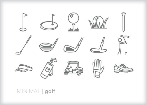 Set of golf line icons of clubs, putters, balls and greens for a day on the course