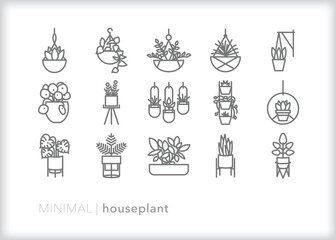 Set of houseplant line icons of potted and hanging plants for decorating a home and cleaning the air