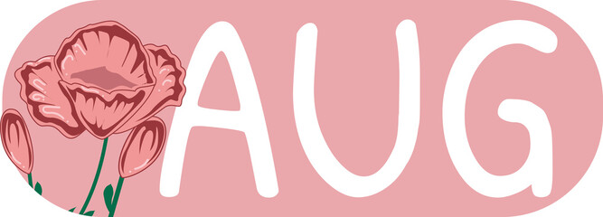 august month name with birth flower red poppy illustration