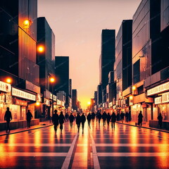 Obraz premium a clean empty street at night in Seol, people walking on the sidewalk, sunset, golden lights, lighting, fantasy, generated in AI