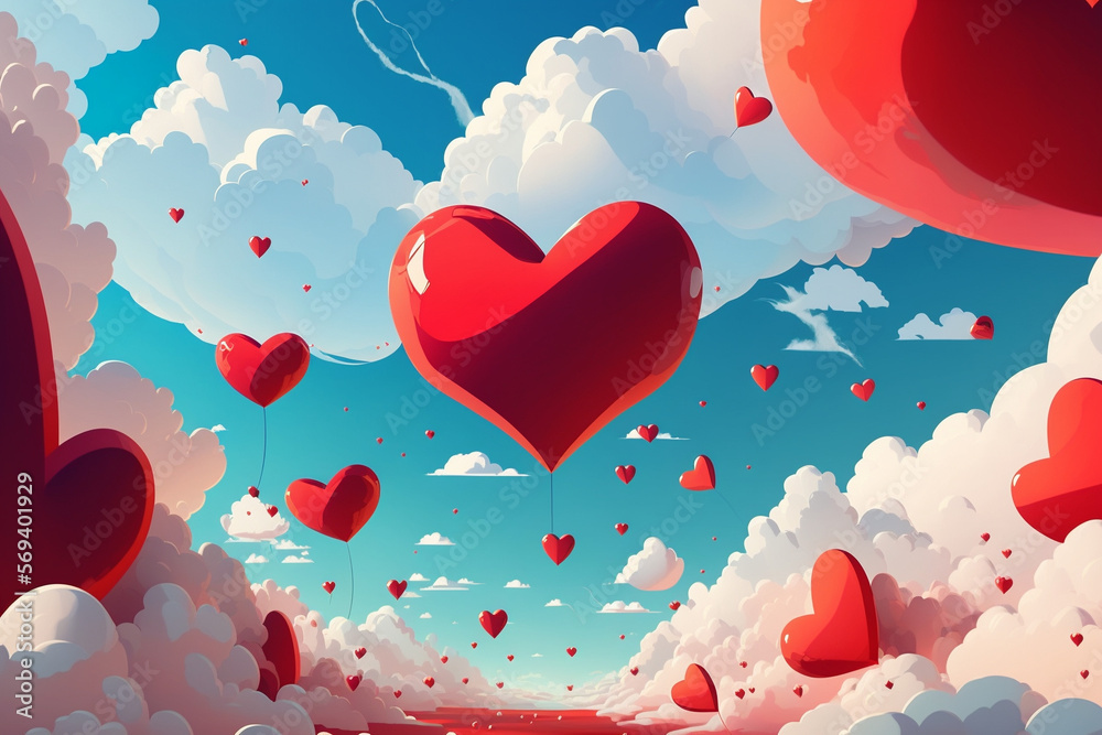 Wall mural lovable hearts floating in the sky created by generative ai