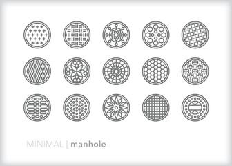 Set of manhole line icons of metal covers for street and drainage openings