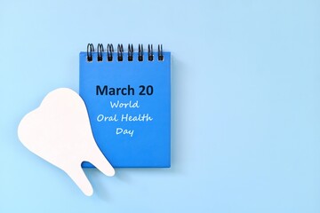 March 20 as World Oral Health Day date reminder on blue desk calendar. Celebration concept.	