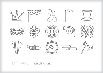 Set of Mardi Gras line icons of themes for celebrating the Carnival holiday