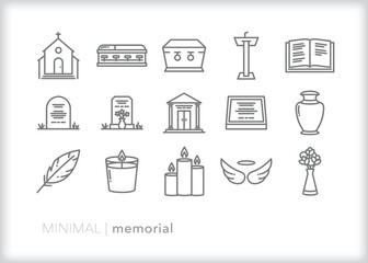 Set of memorial line icons of items for a funeral or service to remember a loved one - obrazy, fototapety, plakaty