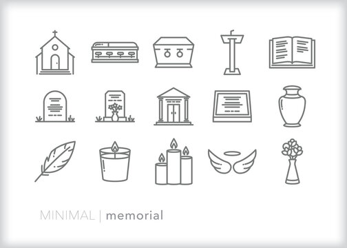 Set of memorial line icons of items for a funeral or service to remember a loved one