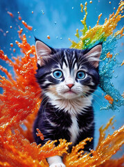 Un Tierno Gatito Rodeado de Agua de Colores, IA Generativa