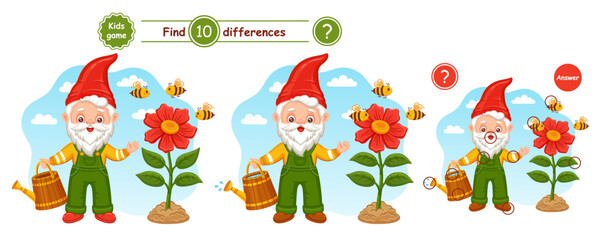Cute garden gnome hold watering can, find 10 differences puzzle education children game. Fairytale small old gardening elf dwarf. Bees fly under flower. Search match. Kids preschool logic task. Vector