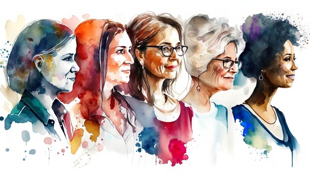 Multicultural portraits of women symbolize the success of equality, watercolor illustration, people art. Generative AI