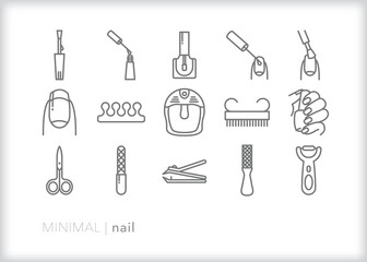 Set of nail line icons of items for a manicure, pedicure, or polish