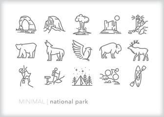 Set of national park line icons of animals, sites, and activities to enjoy the great American outdoors