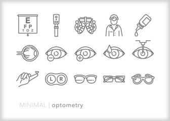 Set of optometry line icons of eyes, glasses, and items for a an annual exam