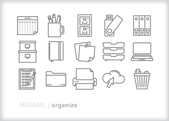 Set of organization line icons of items for spring cleaning or getting files in order at home or in an office
