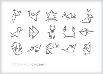 Set of origami line icons of animals made out of folded paper