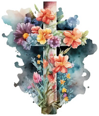 Colorful Watercolor Easter Cross with Flowers. Generative AI illustration