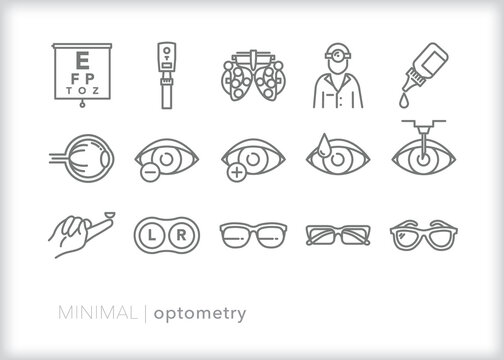 Set of optometry line icons of eyes, glasses, and items for a an annual exam