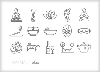 Set of relax line icons of items of self care, relaxation, spa and alone time