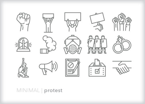 Set of protest line icons of themes for public protest and voicing dissent